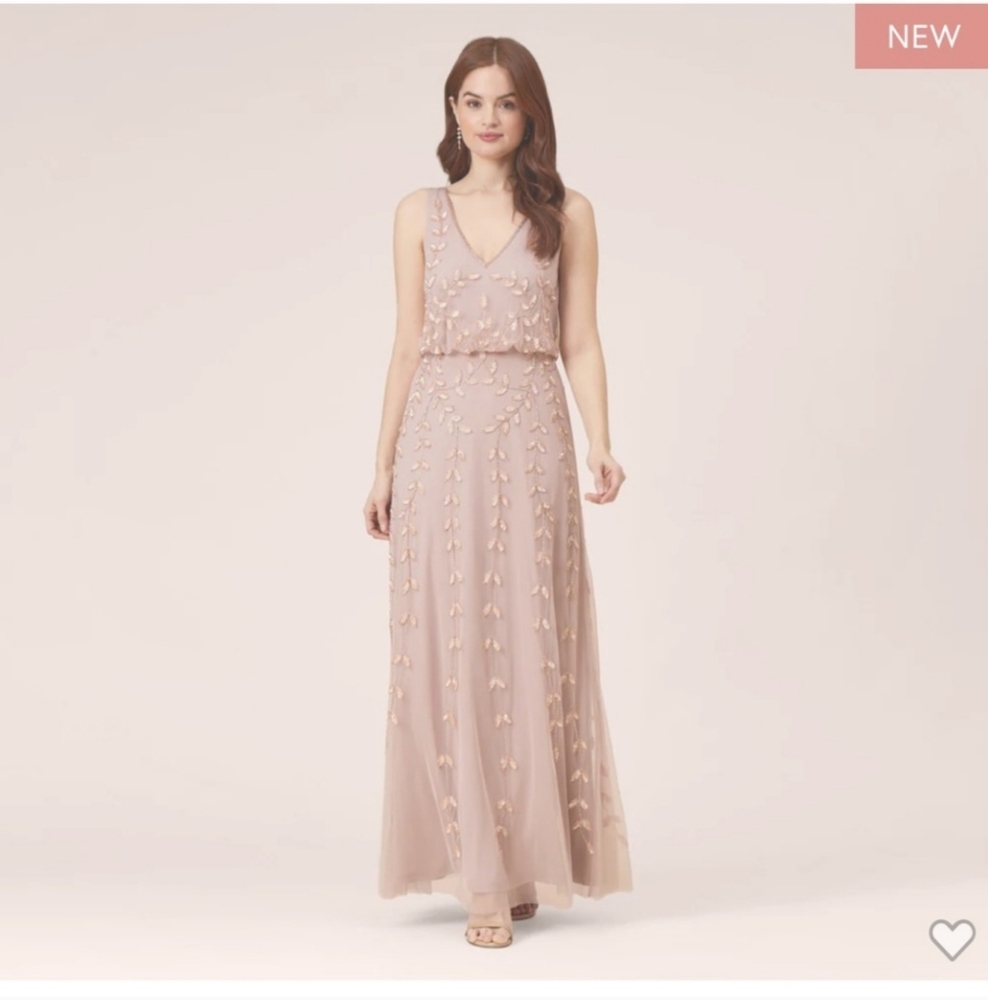 Adrianna Papell Beaded Mesh Blouson Gown Steel Rose Leaf Size 8 LIKE NEW